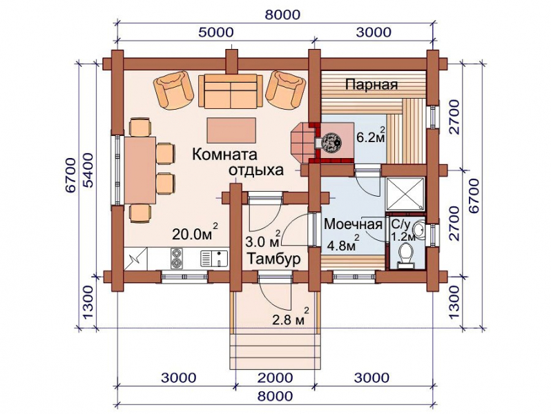 Проект бани с комнатой для проживания