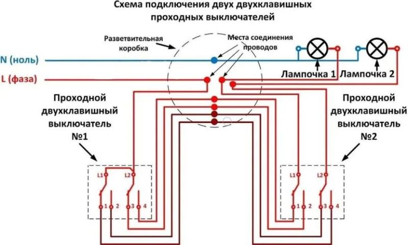 Схема подключения и монтаж проходных двухклавишных переключателей для освещения