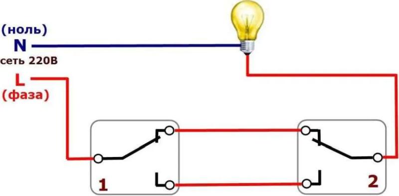 Как подключить на одну лампочку два выключателя